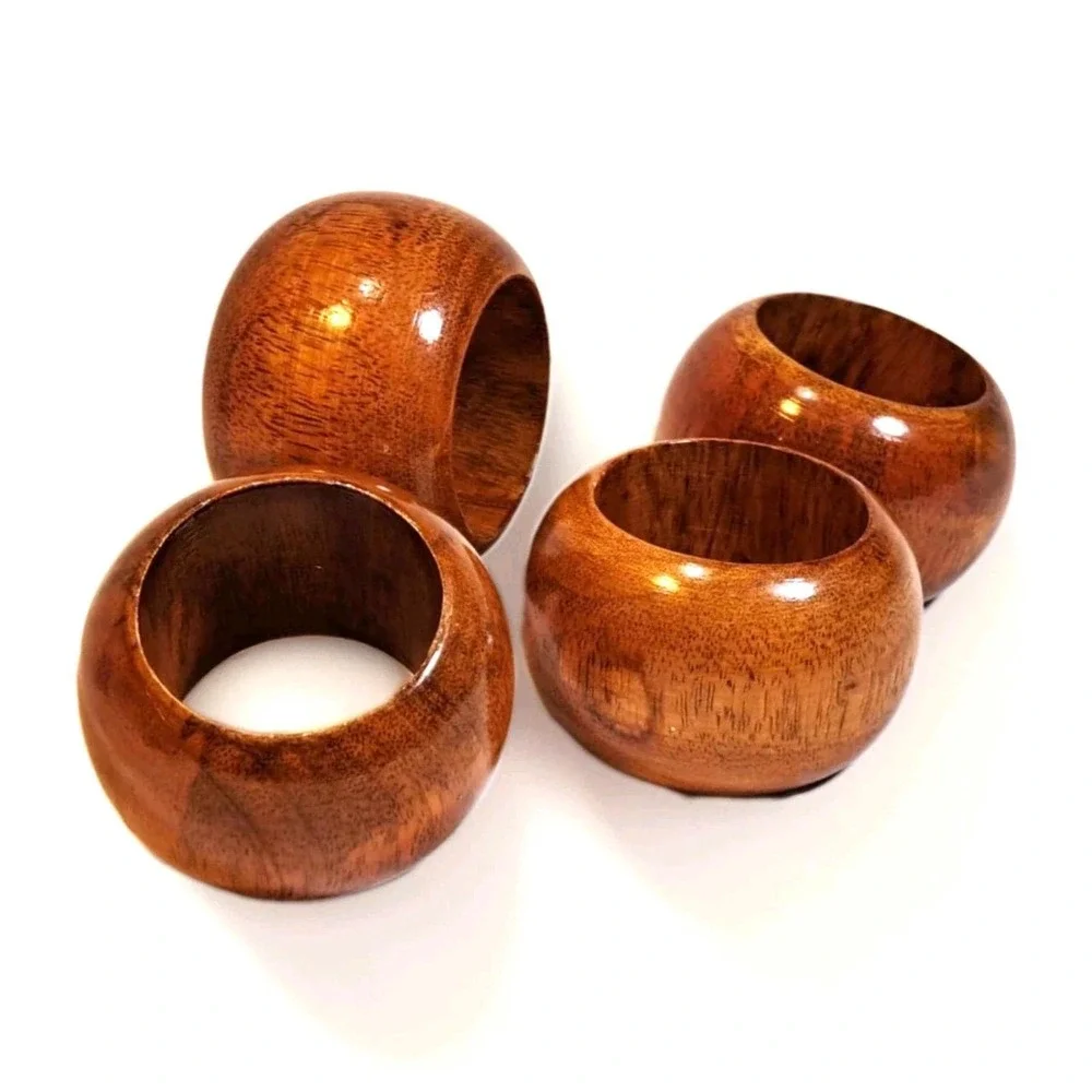 Vintage Mid Century Modern Polished Wood Napkin Rings Set of 4 Brown Round MCM